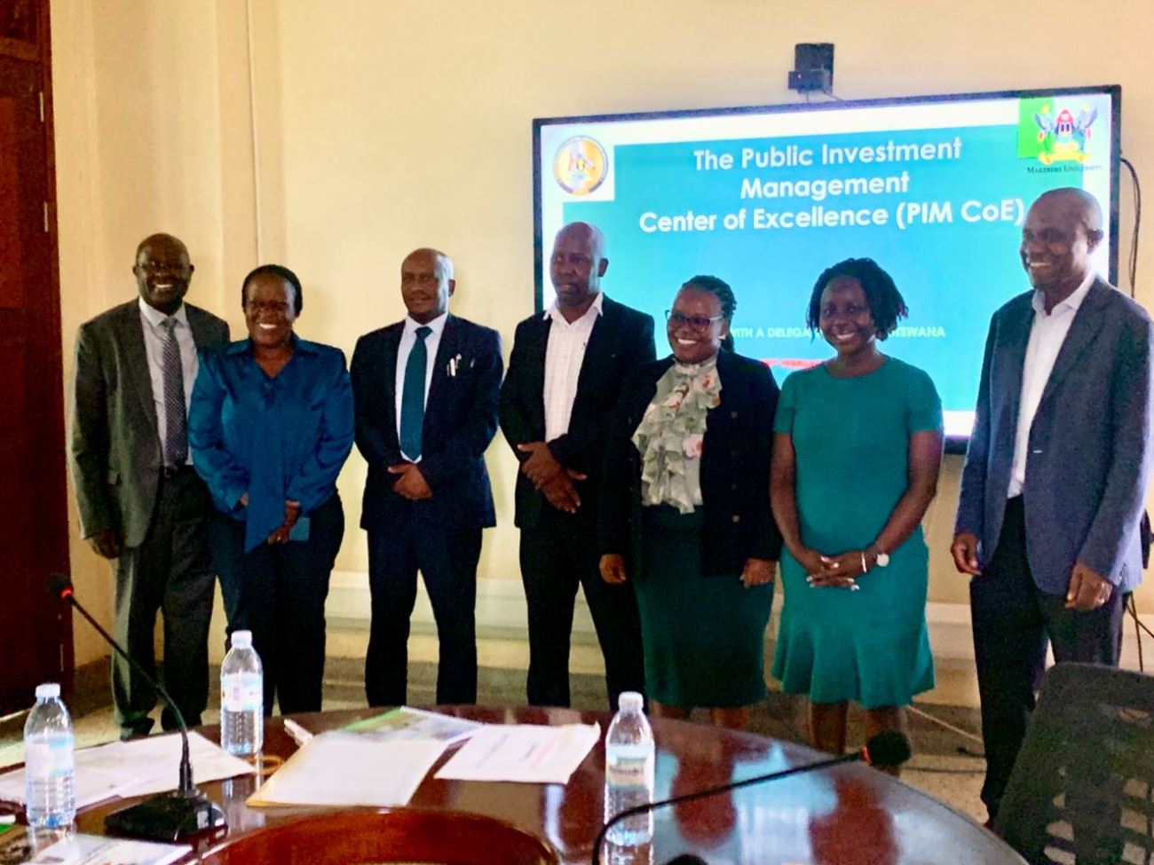 Prof. Eria Hisali (R) with members of the delegation and officials. Delegation from Botswana’s public investments sector visits Makerere University’s Public Investment Management Centre of Excellence to benchmark its sustainable training model and draw lessons from Uganda’s well-established Public Investment Management (PIM) framework 25th February 2026, Yusuf Lule Central Teaching Facility, Kampala Uganda, East Africa.