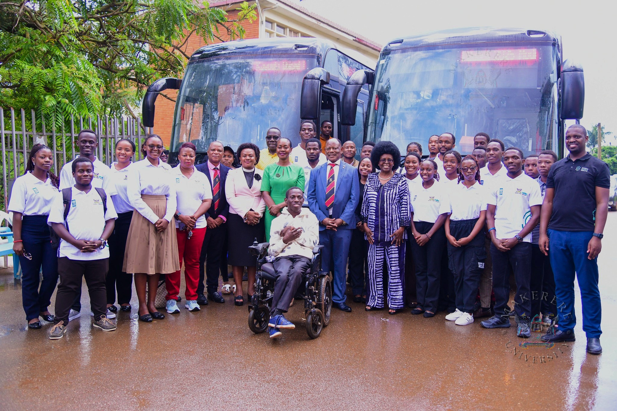 Participants who included differently-abled students pose for a group photo in front of the Kayoola Diesel Coaches. Hon. Dr. Monica Musenero commissions first DC Electric C6-180 Fast-Charging Station installed in collaboration with Kiira Motors Corporation (KMC), Senate Building Parking Lot, Makerere University, Kampala Uganda, East Africa on Friday 13th March 2026.
