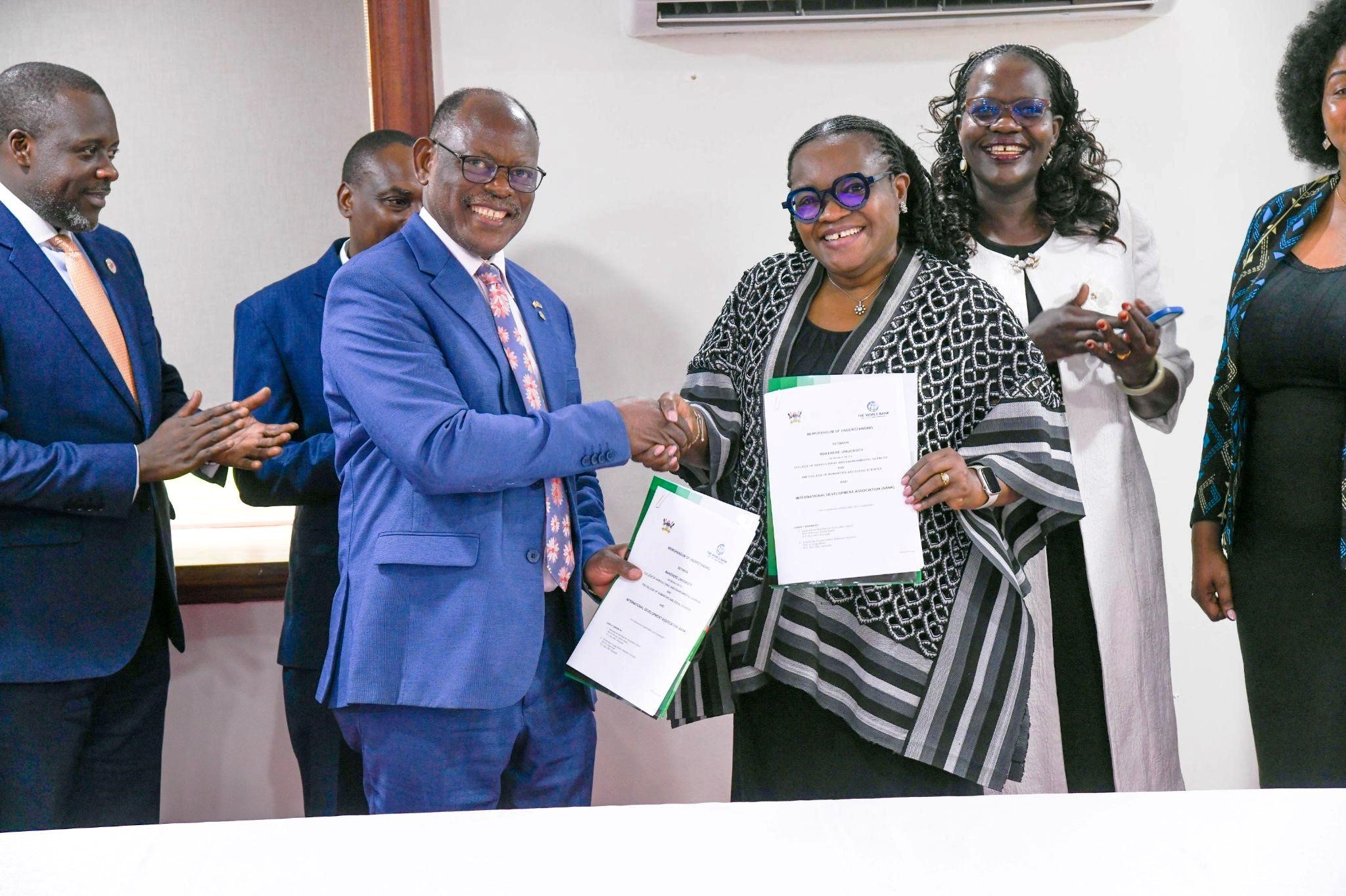 Prof. Barnabas Nawangwe and Ms. Francisca Ayodeji (Ayo) Akala after signing the MOU. Signing MoU with International Development Association (IDA), World Bank Group, establishing a strategic partnership aimed at strengthening environmental and social sustainability systems in Uganda and the wider East African region, 5th March 2026, Main Building, Makerere University, Kampala Uganda, East Africa.