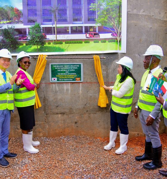 DVCAA-Prof. Sarah Ssali (3rd L) and KOICA Uganda Country Director-Ms. Jihee Ahn (3rd R) flanked by officials unveil the foundation stone for the ODeL Facility on 24th March 2026. Official launch of Open, Distance and E‑Learning (ODeL) Strategic Plan and the laying of the foundation stone for a new ODeL facility at the College of Engineering, Design, Art and Technology (CEDAT), 24th March 2026, Makerere University, Kampala Uganda, East Africa.