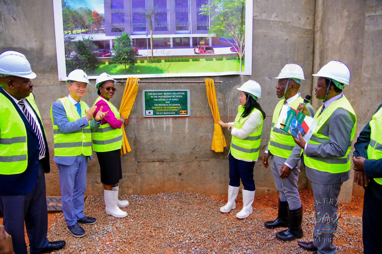 DVCAA-Prof. Sarah Ssali (3rd L) and KOICA Uganda Country Director-Ms. Jihee Ahn (3rd R) flanked by officials unveil the foundation stone for the ODeL Facility on 24th March 2026. Official launch of Open, Distance and E‑Learning (ODeL) Strategic Plan and the laying of the foundation stone for a new ODeL facility at the College of Engineering, Design, Art and Technology (CEDAT), 24th March 2026, Makerere University, Kampala Uganda, East Africa.