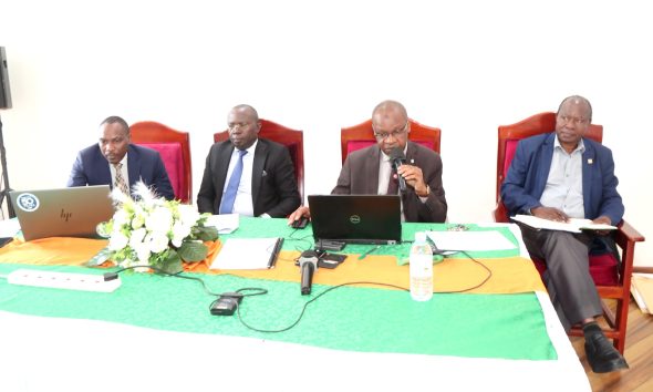 MUMCS AGM in session. L-R: Prof. Winston Tumps Ireeta (Secretary), Dr. Muhammad Kiggundu Musoke (Vice Chairperson), Prof. Juma Kasozi (Treasurer) and Prof. Fredrick Jones Muyodi (Chair-Supervisory Committee). Makerere University Multi-Purpose Cooperative Society (MUMCS) Annual General Meeting (AGM), 4th March 2026, Senior Common Room, Main Building, Makerere University, Kampala Uganda, East Africa.