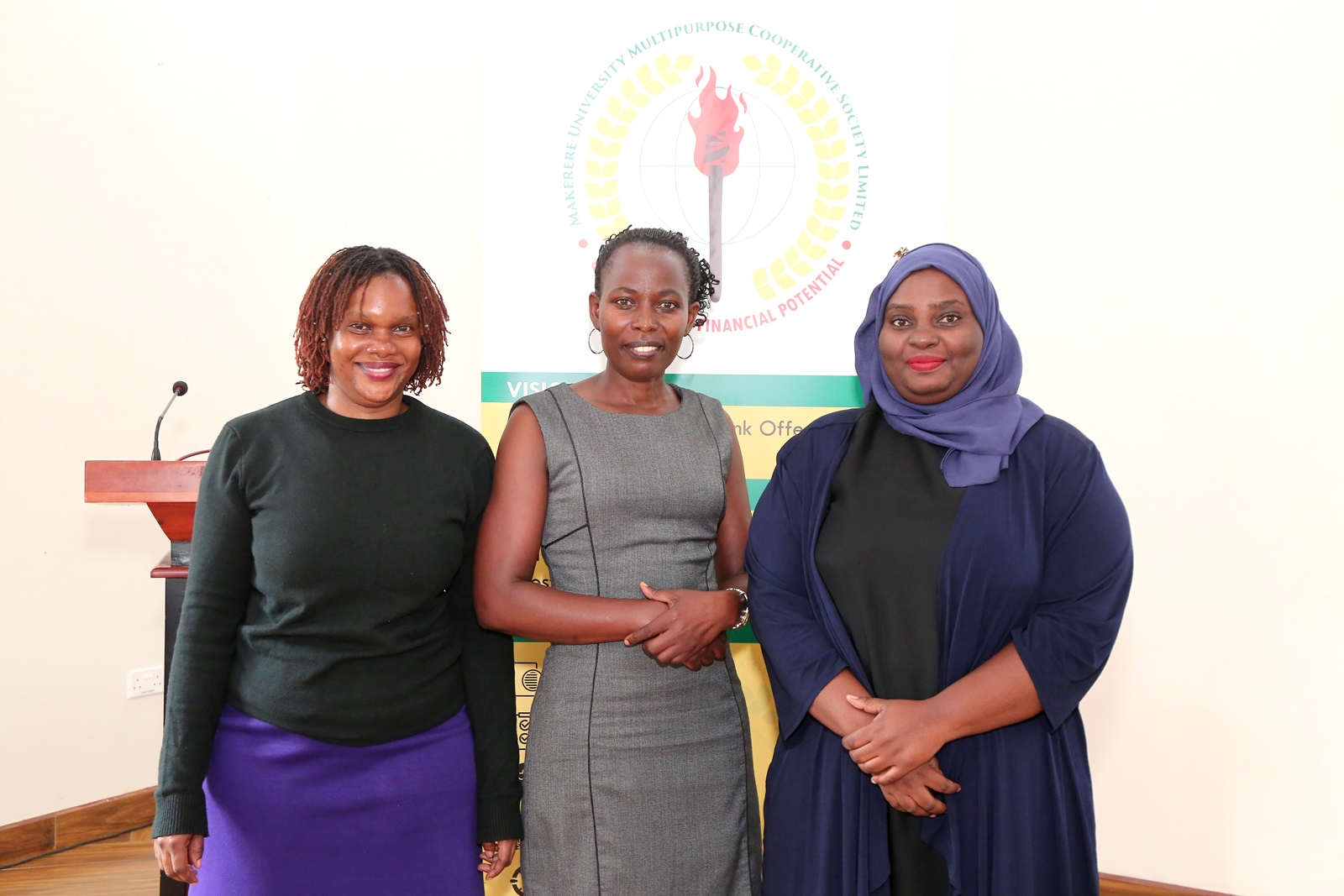 L-R: Caroline Kirumira Kwesiga, Claire Nakaseeta, and Fazira Nakabugo-new Members of MUMCS who physically attended the AGM, Senior Common Room, Main Building. Makerere University Multi-Purpose Cooperative Society (MUMCS) Annual General Meeting (AGM), 4th March 2026, Senior Common Room, Main Building, Makerere University, Kampala Uganda, East Africa.