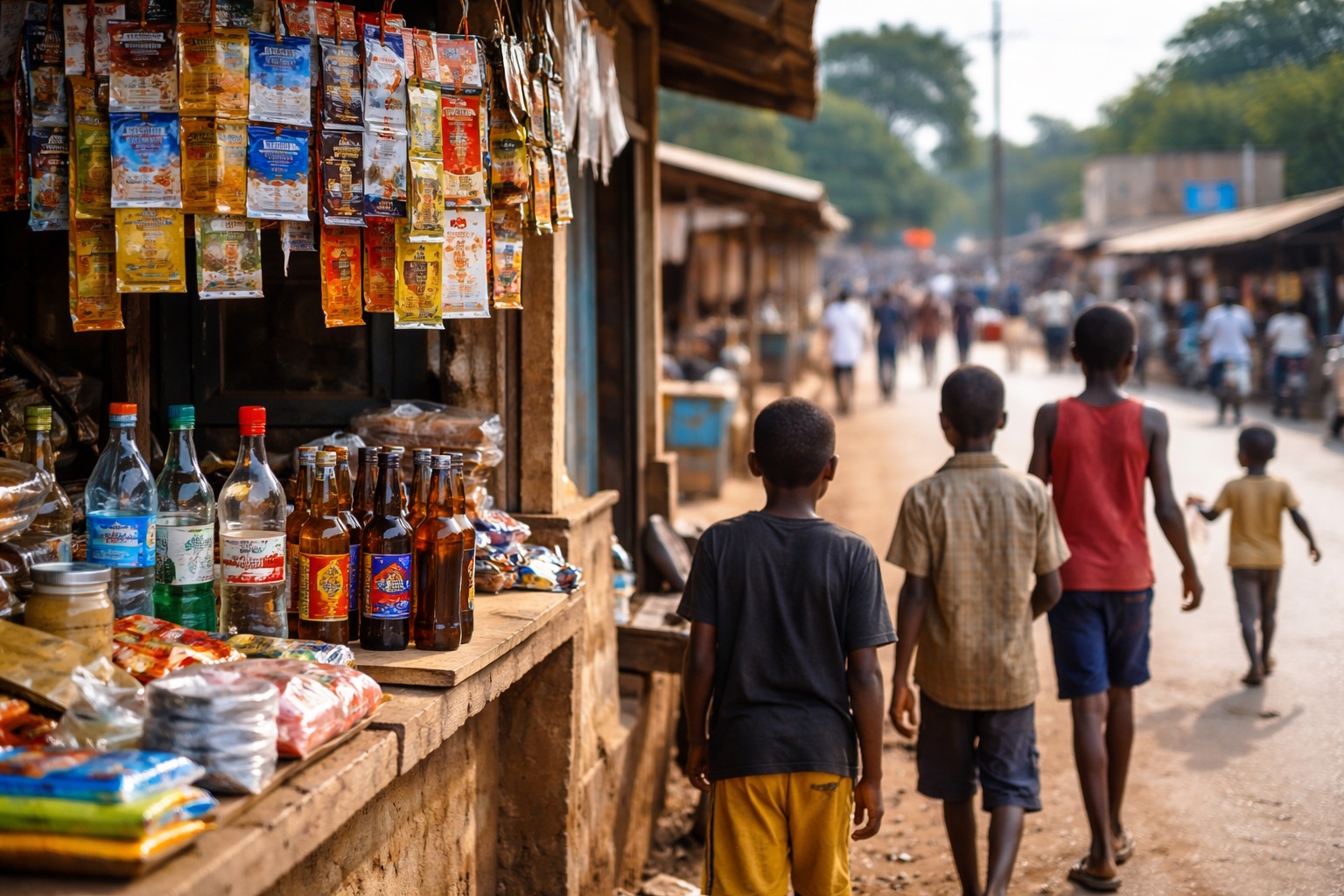 Illustrative AI image: Alcohol displayed in a typical community setting. Aber’s study in Mbale highlights how early exposure within everyday environments can shape children’s risk of substance use. Makerere University School of Public Health Communications Office, Graduation Profiles Series, 76th Graduation Ceremony, Dr. Harriet Aber Odonga, “Substance Use among Children in Mbale, Uganda: Health System Landscape and Support Structures,” Kampala Uganda, East Africa."