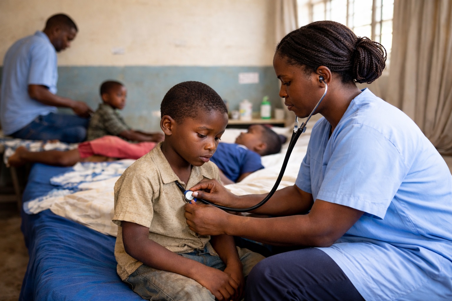 An AI-generated image shows a health worker examining a young child at a clinic, reflecting the kind of routine care settings where Dr Harriet Aber’s research found that many children with substance use challenges often go undetected. Makerere University School of Public Health Communications Office, Graduation Profiles Series, 76th Graduation Ceremony, Dr. Harriet Aber Odonga, “Substance Use among Children in Mbale, Uganda: Health System Landscape and Support Structures,” Kampala Uganda, East Africa."