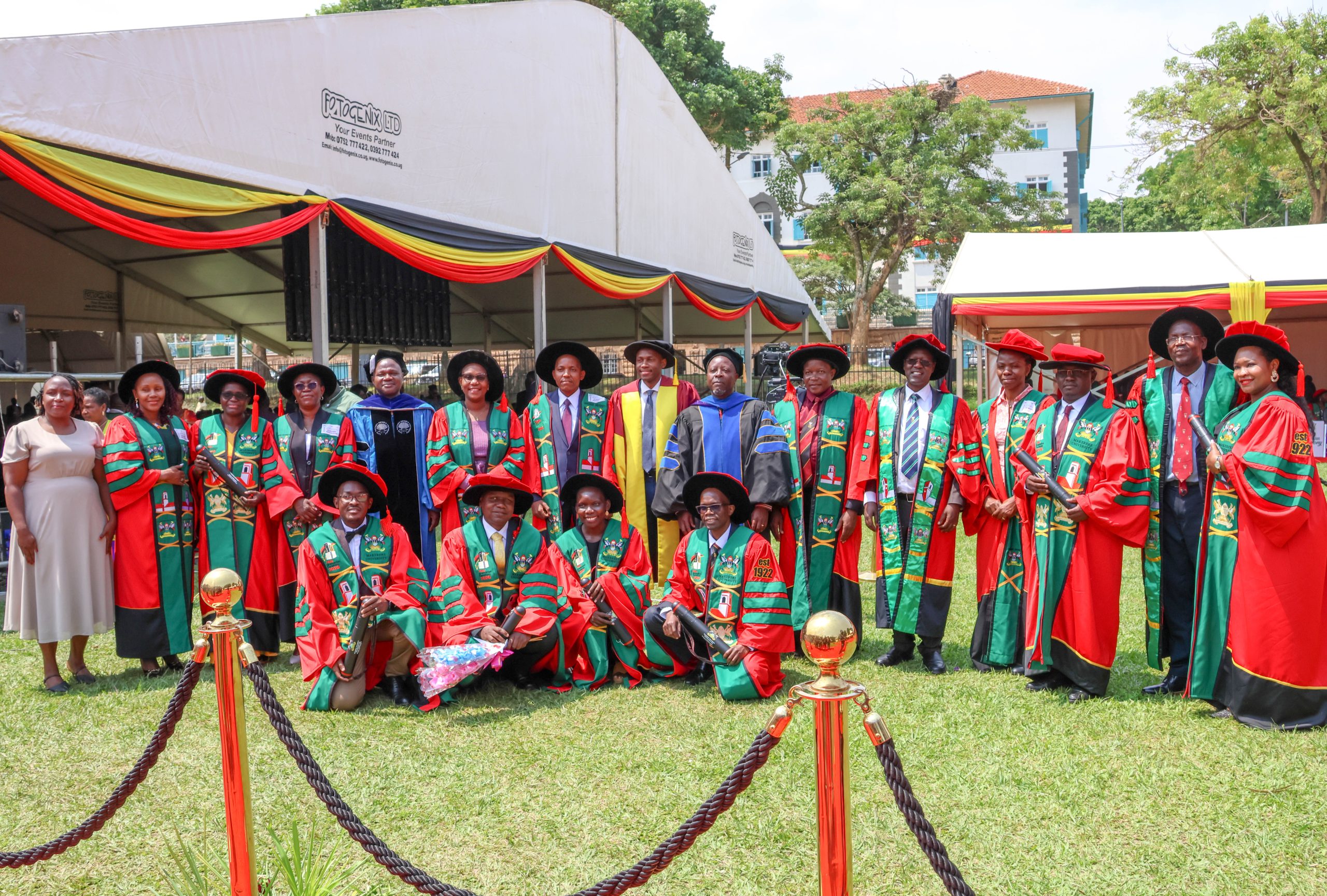MakSPH faculty join the School’s seven newly graduated PhD scholars, including Dr. Henry Komakech (third right), for a group photograph during Makerere University’s 76th Graduation Ceremony at the Freedom Square on February 25, 2026. Makerere University School of Public Health Communications Office, Graduation Profiles Series, 76th Graduation Ceremony, Dr. Henry Komakech, “Effects of the Repatriation of Refugees on the Health Services of the Host Populations in the West Nile Districts of Arua, Moyo, and Adjumani,” Kampala Uganda, East Africa.