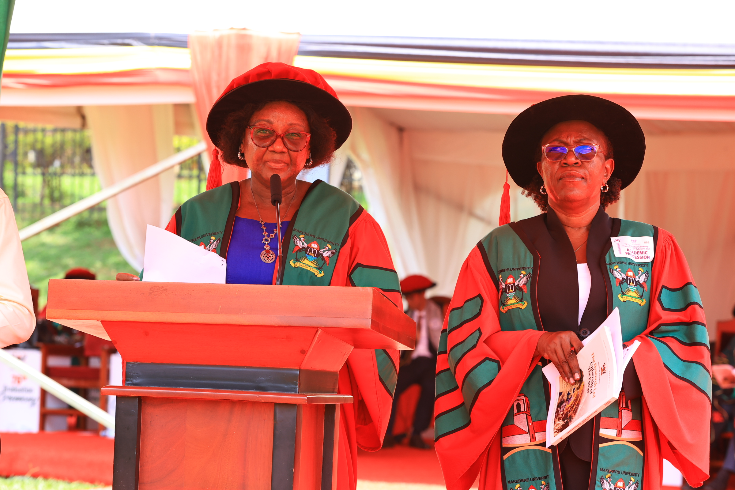 MakSPH Dean Prof. Rhoda Wanyenze, flanked by Head of Department of CHBS Assoc. Prof. Christine Nalwadda, present MakSPH graduands during Makerere University’s 76th Graduation Ceremony on February 25, 2026, reflecting the School’s growing contribution to public health workforce development, including training for humanitarian and complex emergency settings. Makerere University School of Public Health Communications Office, Graduation Profiles Series, 76th Graduation Ceremony, Dr. Henry Komakech, “Effects of the Repatriation of Refugees on the Health Services of the Host Populations in the West Nile Districts of Arua, Moyo, and Adjumani,” Kampala Uganda, East Africa.