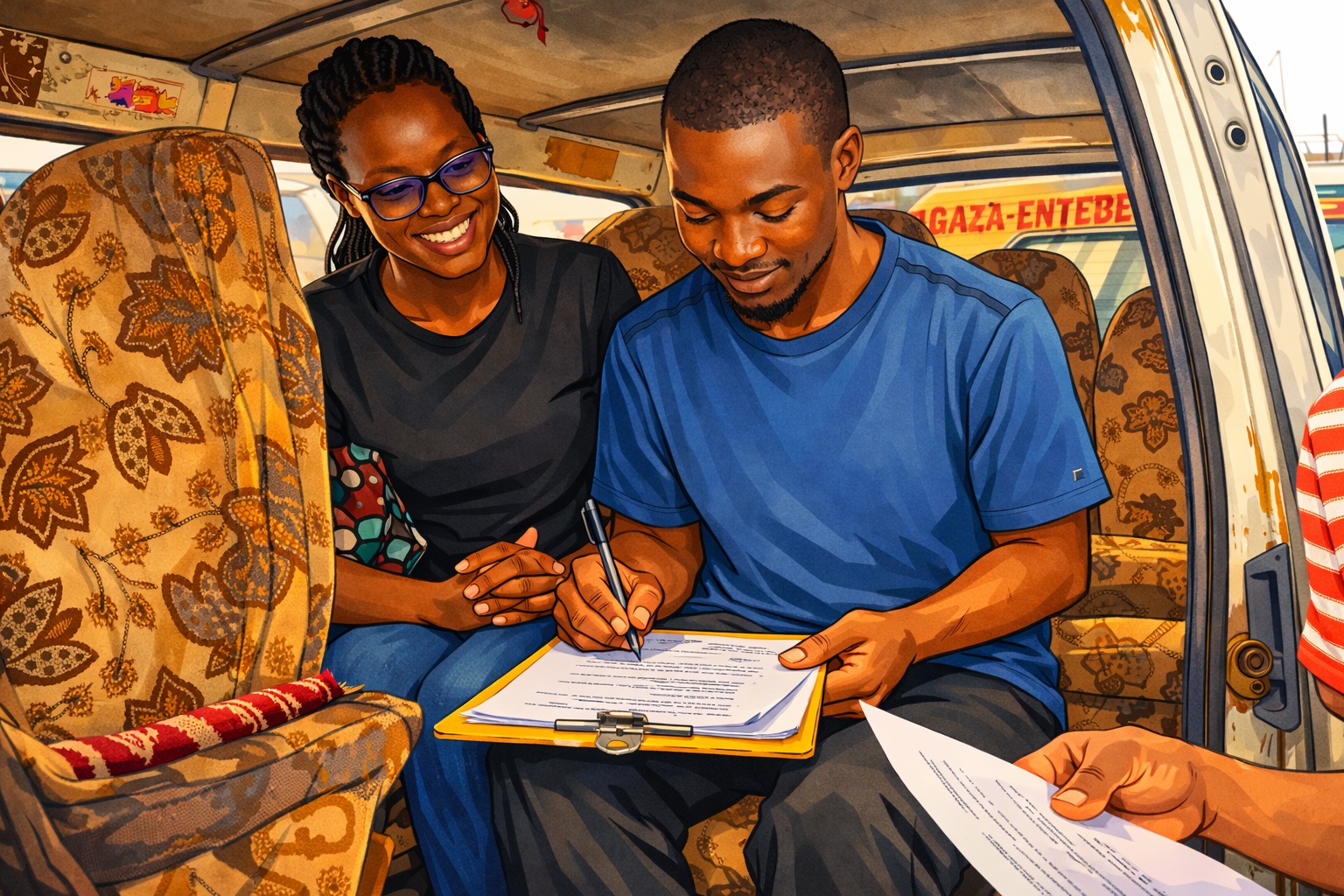 An illustrative photo of the researcher, Dr. Linda Kyomuhendo, with a taxi driver, one of the respondents in her research. New study by Dr. Linda Kyomuhendo Jovia, medical doctor and Master of Public Health graduate Makerere University School of Public Health, Kampala Uganda, East Africa, cross-sectional survey of 422 drivers across Old, New, Kisenyi, Usafi, Namirembe, Nakawa, and Nateete parks, symptoms of depression (65.6%), anxiety affected more than 70%, and stress an estimated 82%, March 2026.