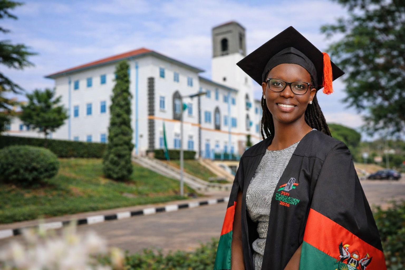 Dr. Linda Kyomuhendo after her graduation. Photo montage recreated by Author. New study by Dr. Linda Kyomuhendo Jovia, medical doctor and Master of Public Health graduate Makerere University School of Public Health, Kampala Uganda, East Africa, cross-sectional survey of 422 drivers across Old, New, Kisenyi, Usafi, Namirembe, Nakawa, and Nateete parks, symptoms of depression (65.6%), anxiety affected more than 70%, and stress an estimated 82%, March 2026.
