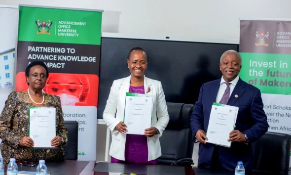 Left to Right: Mrs. Betty Mutebile, Prof. Sarah Ssali, Rt. Hon. Amama Mbabazi after signing the MOU. Makerere University and the Tumusiime Mutebile Foundation sign MoU to advance the Emmanuel Tumusiime Mutebile Centre of Excellence for Private Sector Development, marking a significant step toward strengthening collaboration between academia, policy actors, and the private sector, 12th March 2026 Main Building, Kampala Uganda, East Africa.