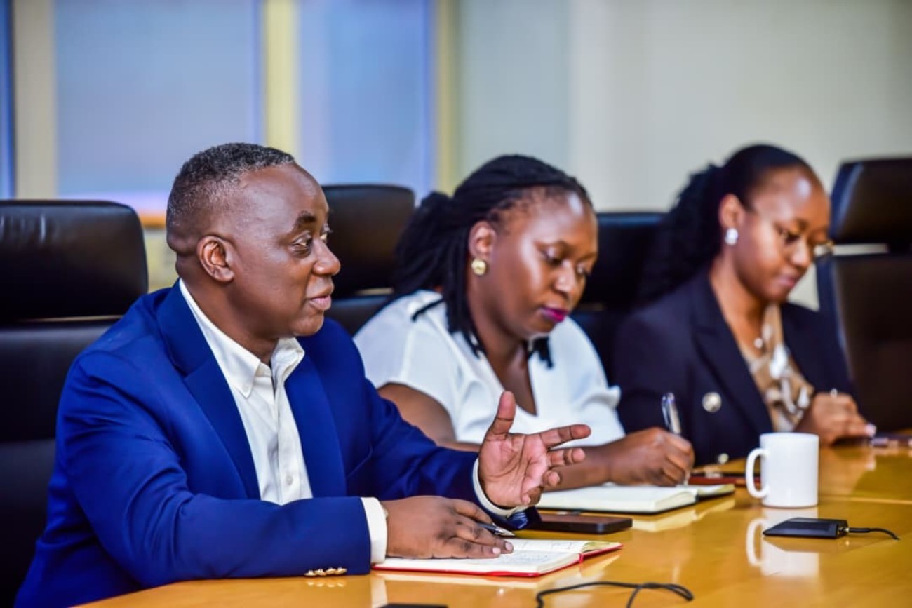 From the Left: Mr Awel Uwihanganye, Ms Hawa Kajumba and Ms Caroline Kainomugisha. Vice Chancellor, Makerere University, Prof. Barnabas Nawangwe courtesy visit to Stanbic Bank Uganda’s Chief Executive Officer, Mr Mumba Kalifungwa, 5th March 2026, Kampala Uganda, East Africa.