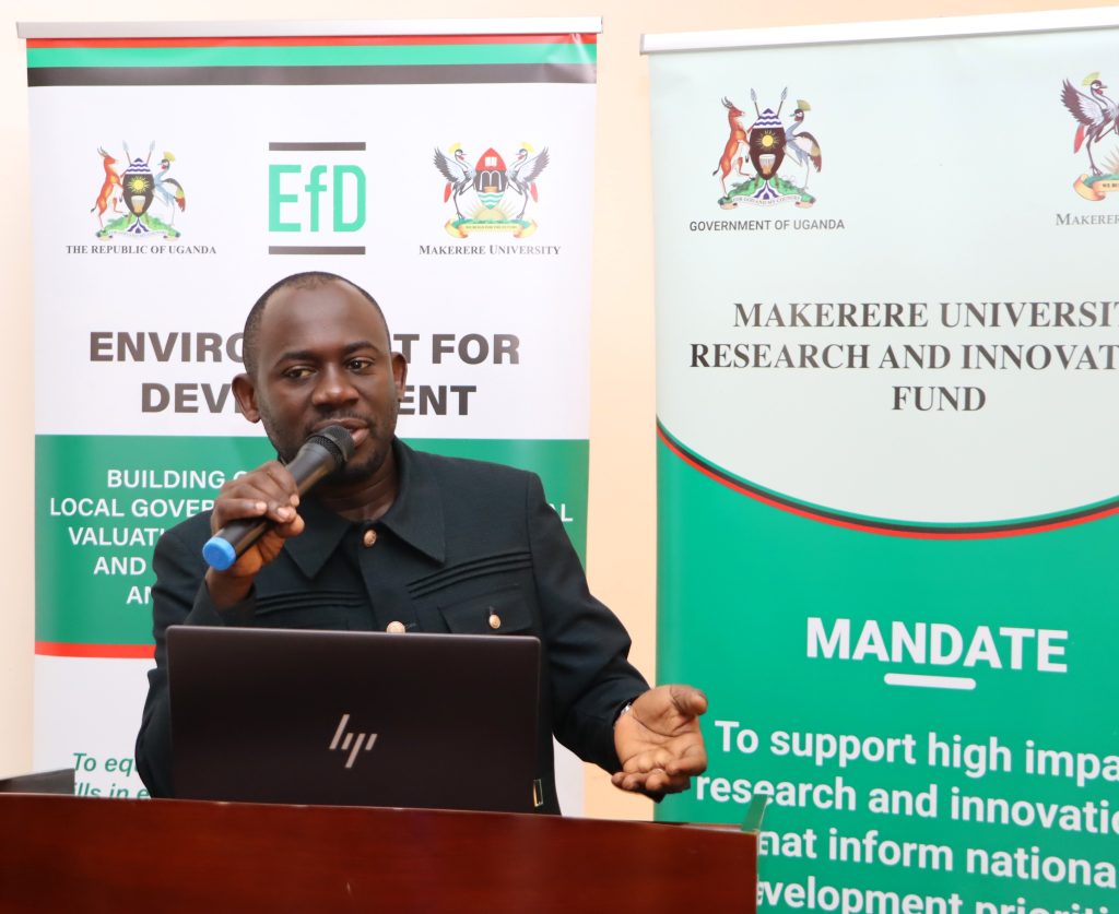 Peter Babyenda presenting on economic valuation and evaluation of natural resources. Environment for Development (EfD) Uganda, College of Business and Management Sciences (CoBAMS) capacity-building initiative to equip local government officers with practical tools to better manage natural resources amid growing environmental pressures funded by the Government of Uganda through the Makerere University Research and Innovation Fund (Mak-RIF), 26th March 2026, Soroti, Uganda, East Africa.