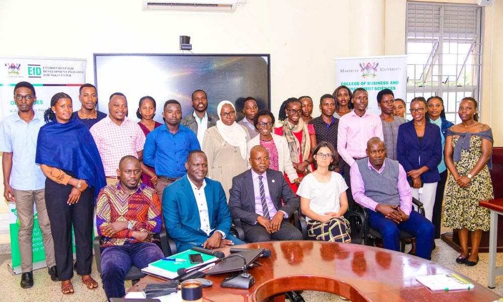 Seated (L-R) Dr. Peter Babyenda, Dr. John Bosco Oryema, Principal Prof. Edward Bbaale, Professor Nathalie Ferrière and others including students after the half-day seminar.