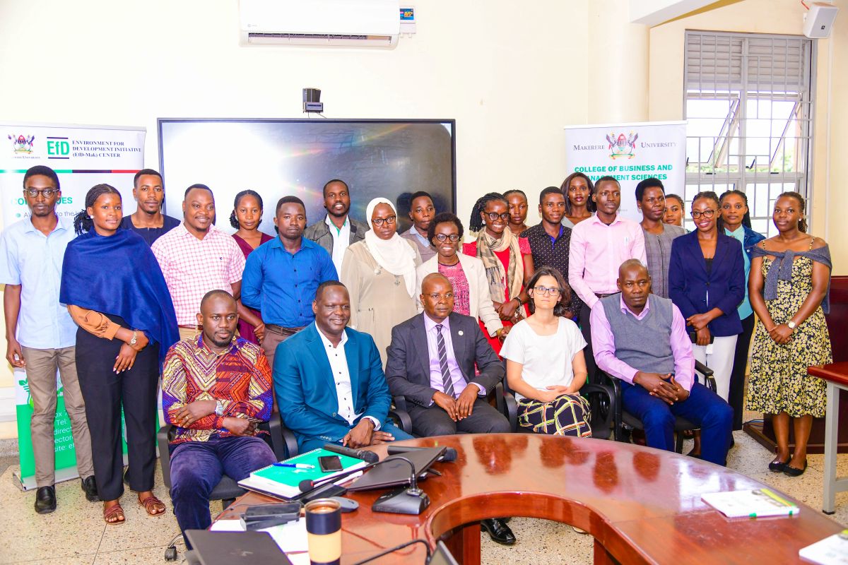 Seated (L-R) Dr. Peter Babyenda, Dr. John Bosco Oryema, Principal Prof. Edward Bbaale, Professor Nathalie Ferrière and others including students after the half-day seminar.