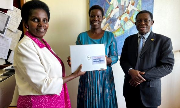 The Academic Registrar-Prof. Buyinza Mukadasi (R) witnesses as Mrs. Patience Mushengyezi (L) officially hands over office to Ms. Gladys Khamili on 20th April 2026. Academic Registrar, Prof. Buyinza Mukadasi and his Senior Management Team (SMT) witness the official handover of office of Deputy Academic Registrar in charge of the Senate Division, from Mrs. Patience Mushengyezi to Ms. Gladys Khamili, who assumes the role in an acting capacity, 20th April 2026, Senate Building, Makerere University, Kampala Uganda, East Africa.