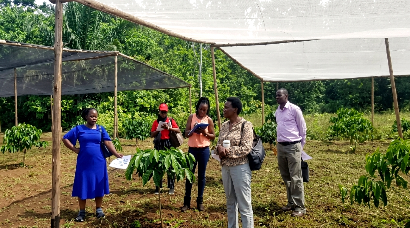 Makerere University Academic / Research supervisors interacting with one of the PhD students concerning the shade intensity evaluation experiment at NARO-NaCORI, Mukono district.
