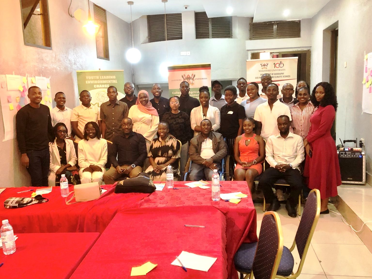 Participants in a Group Photo. Youth for Climate Justice (Y4CJ) project, School of Forestry, Environmental and Geographical Sciences, College of Agricultural and Environmental Sciences (CAES), Makerere University groundbreaking initiative that amplifies the voices and agency of marginalized youth in the global South and North. Mission - foster sustainable and effective climate activism among young people from diverse backgrounds, while prioritizing their well-being and social justice. Co-creation workshop, 13th March 2026, JFrigh Hotel Makerere – Kikoni, Kampala Uganda, East Africa.