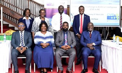 Seated: Prof. Robert Wamala (2nd R), Prof. Fred Masagazi Masaazi (R), Prof. Ronald Bisaso (L) with the project team Dr. Harriet Nabushawo Mutambo (2nd L) and Standing: Prof. Paul Muyinda Birevu (2nd R), Dr. Harriet Najjemba (2nd L), Dr. Richard Kajumbula (R) and Ms. Hope Musiime (L) at the launch. Institute of Open, Distance and e-Learning (IODel), College of Education and External Studies (CEES) in collaboration with a consortium of 21 partner institutions from 13 countries across Europe and Sub-Saharan Africa launch of Critical Virtual Exchange in Artificial Intelligence (CVEinAI) project funded by the European Union and Makerere University Research and Innovations Fund (MakRIF), 25th March 2026, AVU Conference Room, Kampala Uganda, East Africa.