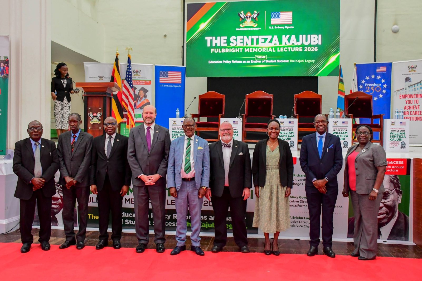 A group photo of key delegates, panelists, and partners at the Senteza Kajubi Public Lecture. Professor William Senteza Kajubi Fulbright Memorial Lecture organised by Advancement and International Office, College of Education and External Studies (CEES) with the U.S. Embassy, Theme "Education Policy Reform as an Enabler of Student Success: The Kajubi Legacy", 23rd April 2026, Main Hall, Makerere University, Kampala Uganda, East Africa.