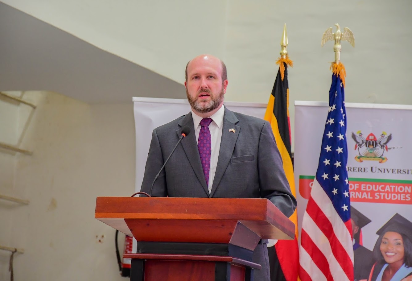 H.E Amb. William Popp addressing the audience at the lecture. Professor William Senteza Kajubi Fulbright Memorial Lecture organised by Advancement and International Office, College of Education and External Studies (CEES) with the U.S. Embassy, Theme "Education Policy Reform as an Enabler of Student Success: The Kajubi Legacy", 23rd April 2026, Main Hall, Makerere University, Kampala Uganda, East Africa.