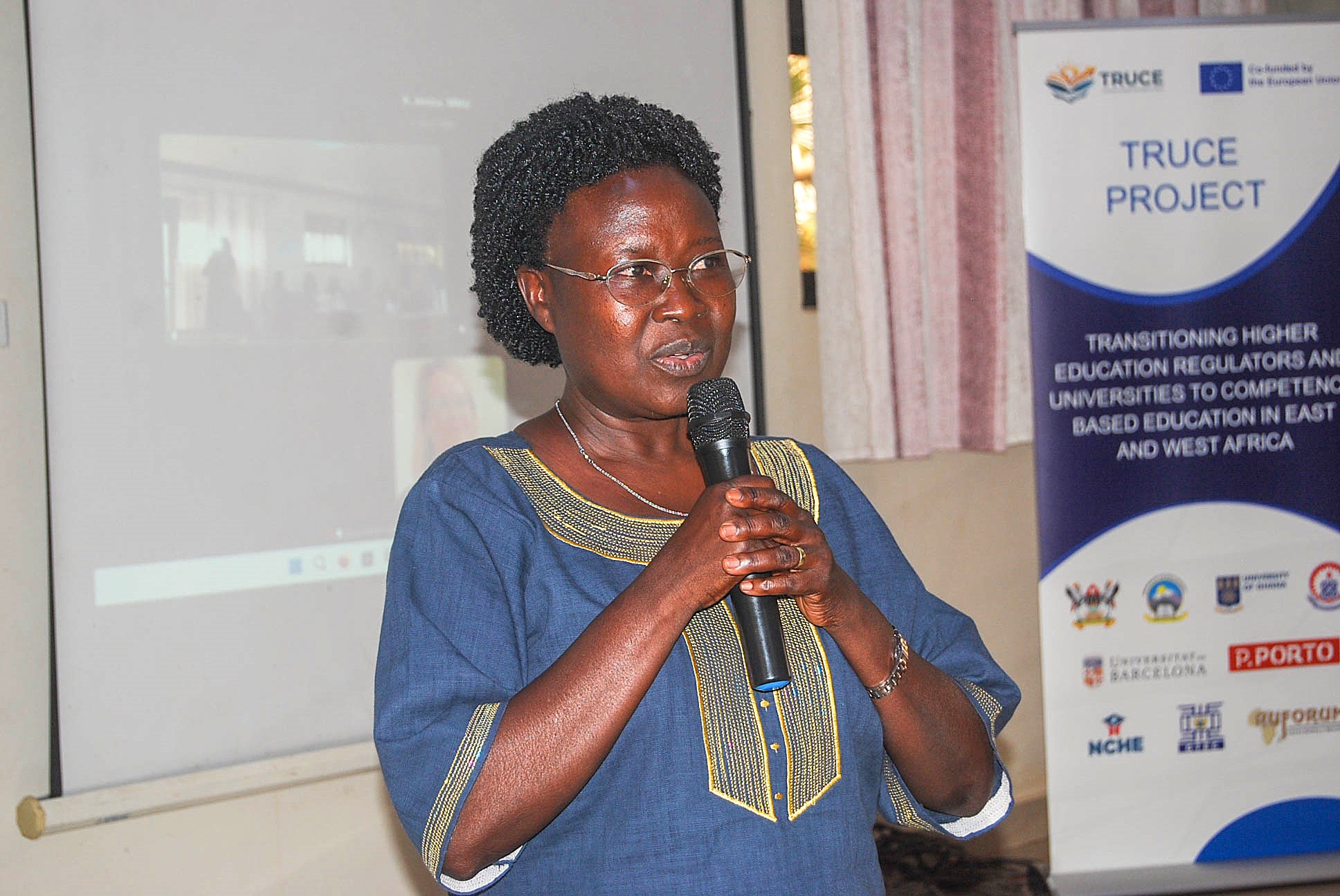 The Project PI, Dr. Josephine Esaete addressing participants during the inception meeting. European Union-funded four year Transitioning Higher Education Regulators and Universities to Competence-Based Education in East and West Africa (TRUCE) project to strengthen the capacities of universities and higher education regulators in Uganda and Ghana to transition to Competence-Based Education (CBE) implemented by College of Education and External Studies (CEES), Makerere University Kampala. Inception Meeting 8th and 9th of April 2026, Jinja Uganda, East Africa.