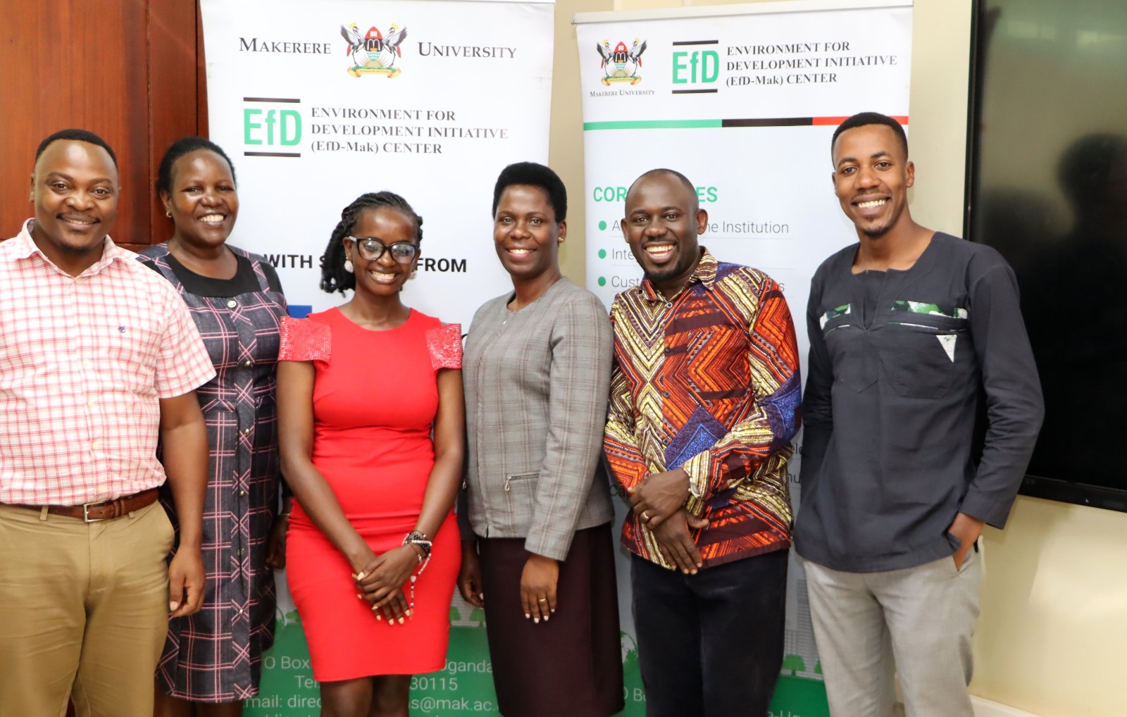 Centre core staff in a photo moment with outgoing intern Ruth Asiimwe (3rd Left). Environment for Development (EfD) Centre bids farewell to third intern, Ruth Asiimwe, who secured a position with the African Development Bank in Juba South Sudan, 16th April 2026, Yusuf Lule Central Teaching Facility, Makerere University, Kampala Uganda, East Africa.