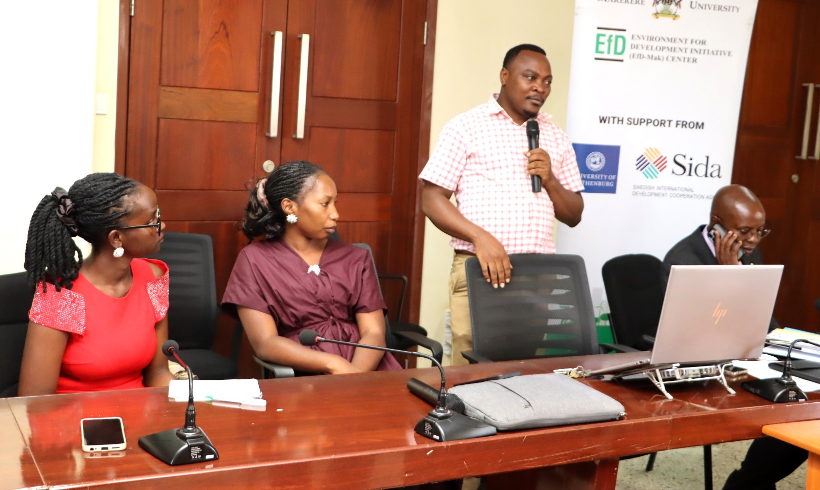 Data Manager Fred Kasalirwe praising Asiimwe for humility and respect. Environment for Development (EfD) Centre bids farewell to third intern, Ruth Asiimwe, who secured a position with the African Development Bank in Juba South Sudan, 16th April 2026, Yusuf Lule Central Teaching Facility, Makerere University, Kampala Uganda, East Africa.