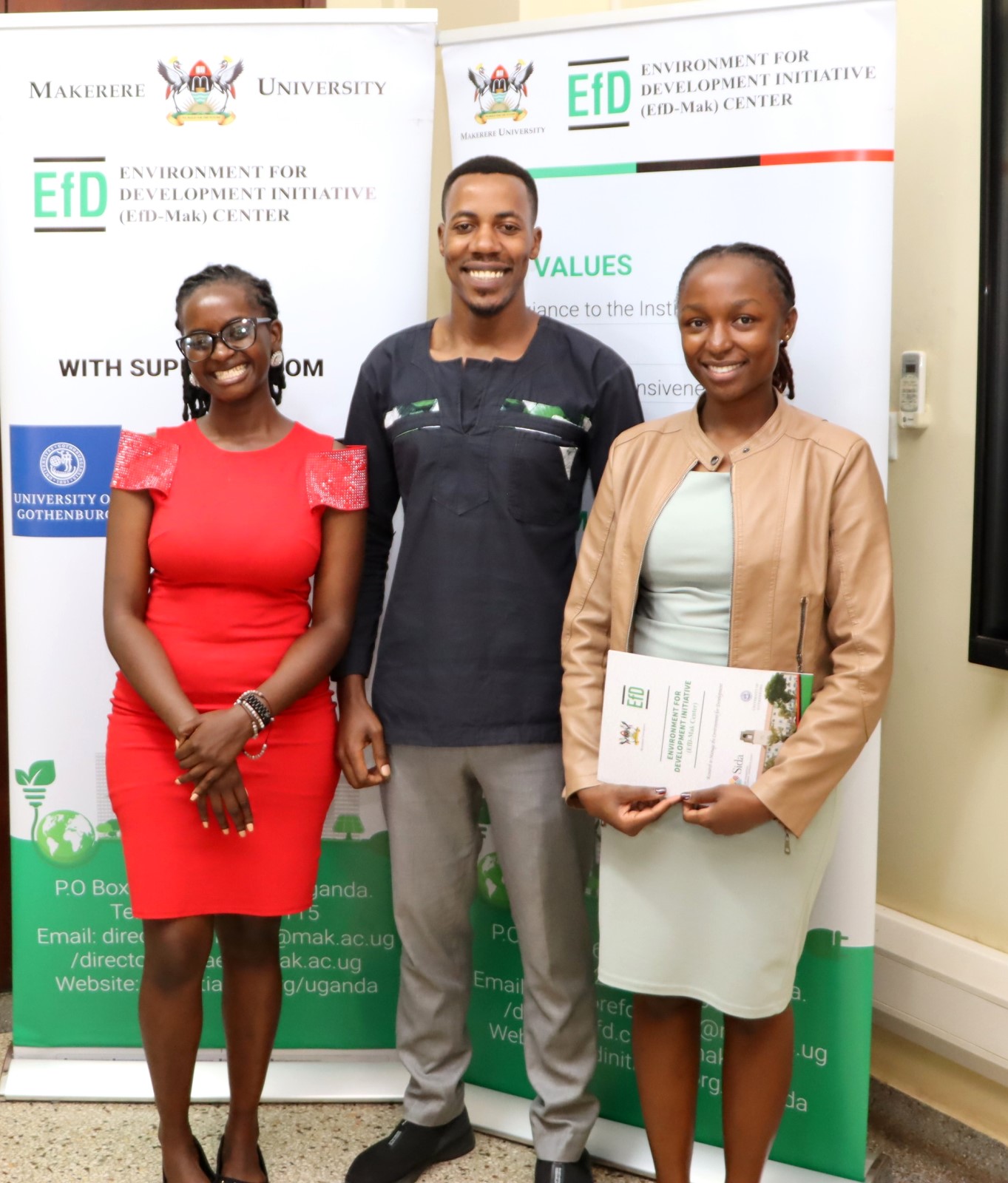 Asiimwe Ruth, Center Manger Gyaviira Ssewankambo and Kevin Apolot in a group photo. Environment for Development (EfD) Centre bids farewell to third intern, Ruth Asiimwe, who secured a position with the African Development Bank in Juba South Sudan, 16th April 2026, Yusuf Lule Central Teaching Facility, Makerere University, Kampala Uganda, East Africa.