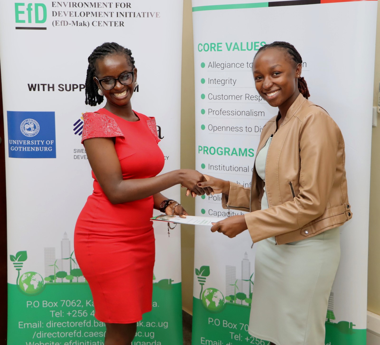 Asiimwe hands over to Kevin Apolot. Environment for Development (EfD) Centre bids farewell to third intern, Ruth Asiimwe, who secured a position with the African Development Bank in Juba South Sudan, 16th April 2026, Yusuf Lule Central Teaching Facility, Makerere University, Kampala Uganda, East Africa.