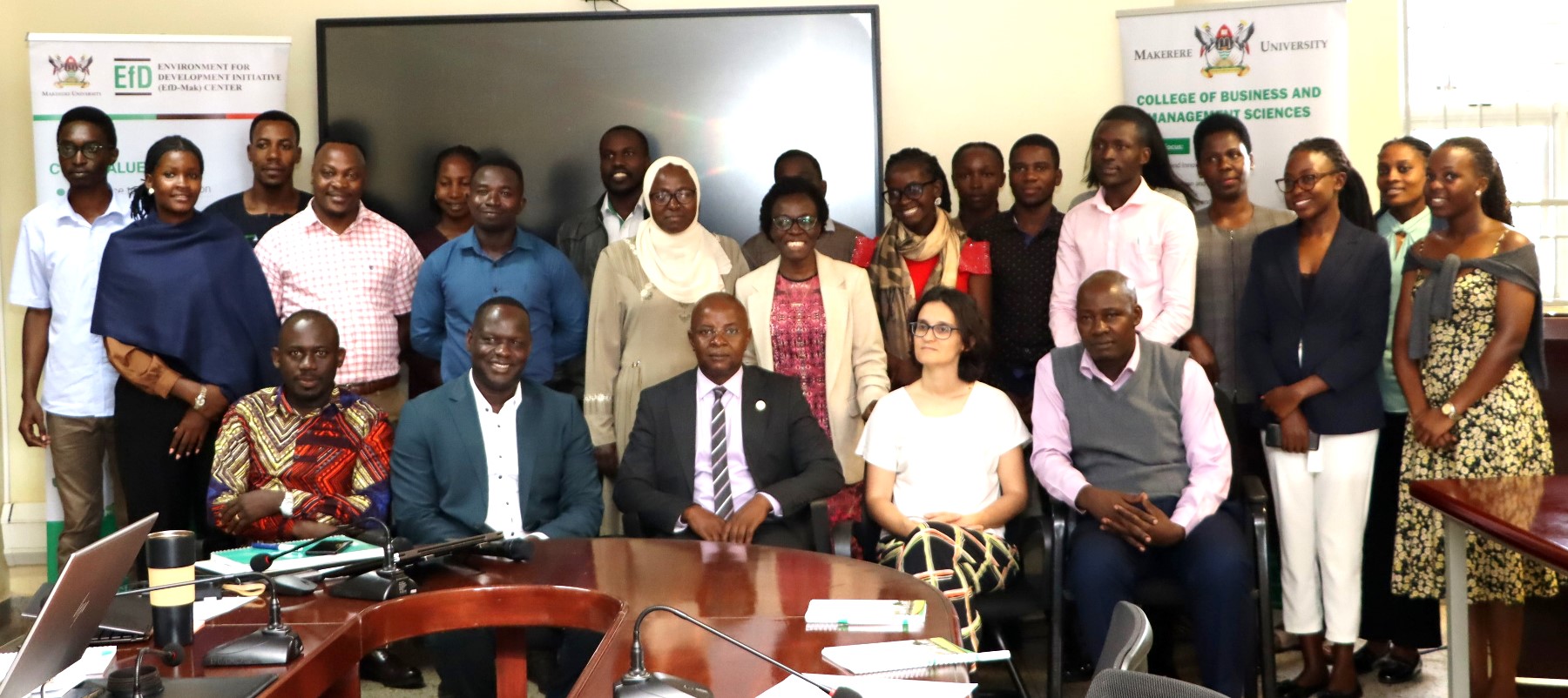 Participants in a group photo with the visiting professor after the seminar. Environment for Development (EfD) Initiative Seminar Series, Public Lecture by French economist Nathalie Ferriere, titled “Donor Cooperation or Competition: What Do We Know from Economics Research and What Should We Investigate.” 16th April 2026, Yusuf Lule Central Teaching Facility, Makerere University, Kampala Uganda, East Africa.
