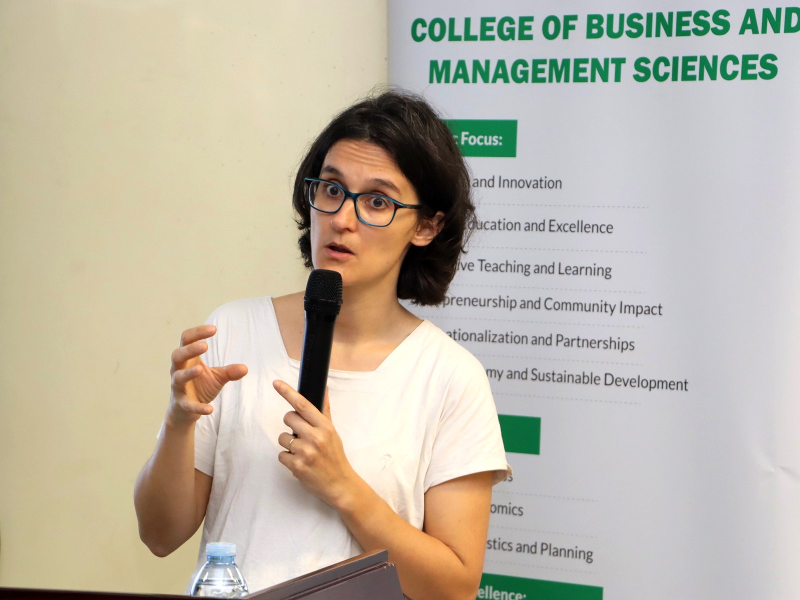 Nathalie Ferriere responding to questions. Environment for Development (EfD) Initiative Seminar Series, Public Lecture by French economist Nathalie Ferriere, titled “Donor Cooperation or Competition: What Do We Know from Economics Research and What Should We Investigate.” 16th April 2026, Yusuf Lule Central Teaching Facility, Makerere University, Kampala Uganda, East Africa.