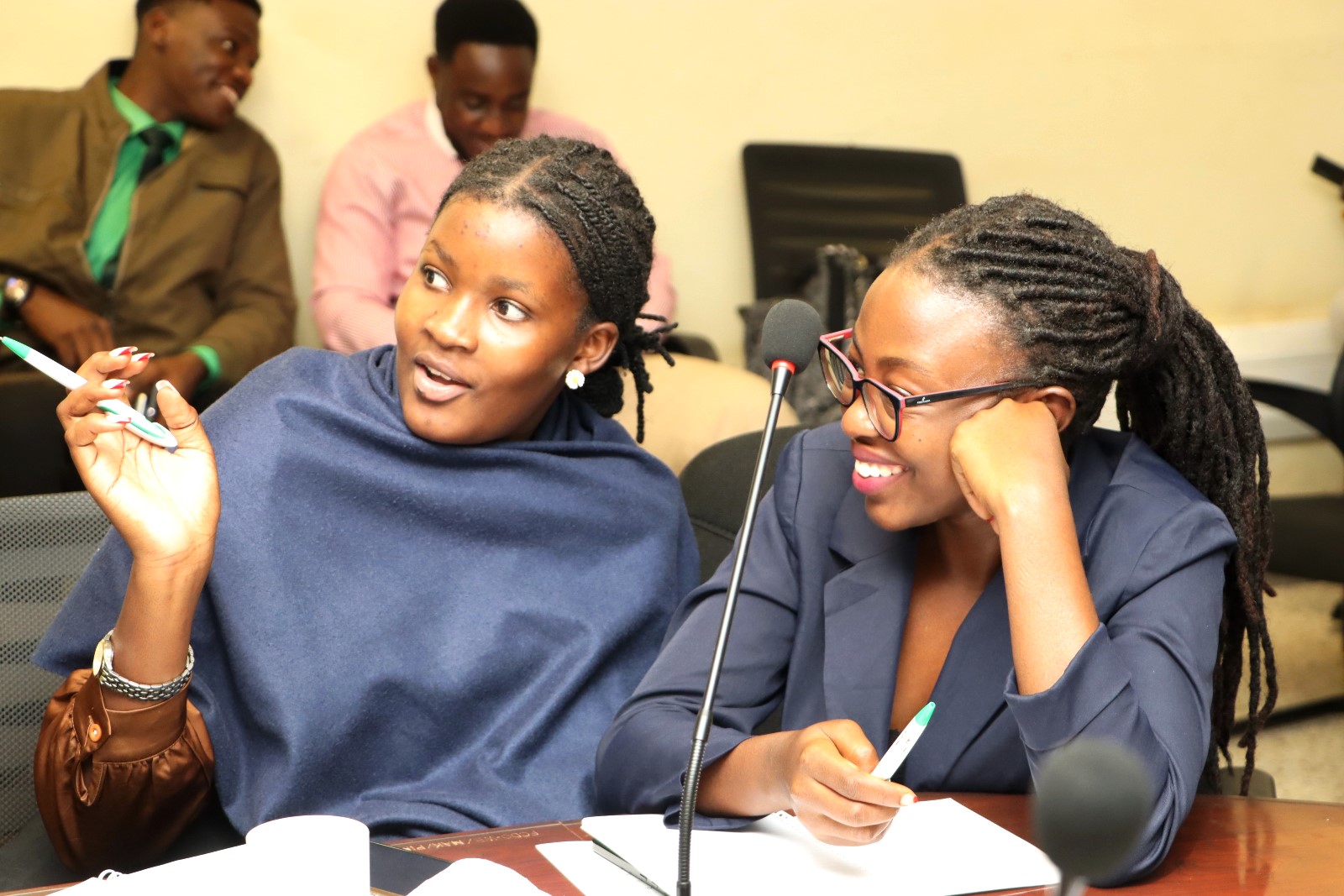 Female students interact during the seminar. Environment for Development (EfD) Initiative Seminar Series, Public Lecture by French economist Nathalie Ferriere, titled “Donor Cooperation or Competition: What Do We Know from Economics Research and What Should We Investigate.” 16th April 2026, Yusuf Lule Central Teaching Facility, Makerere University, Kampala Uganda, East Africa.