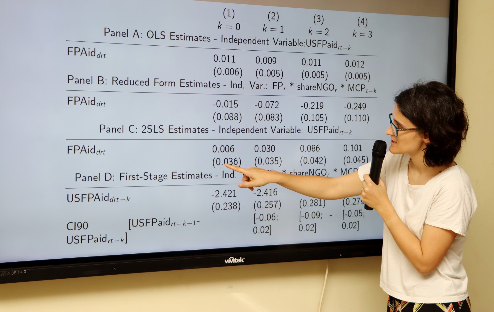 Nathalie Ferriere explaining the study findings. Environment for Development (EfD) Initiative Seminar Series, Public Lecture by French economist Nathalie Ferriere, titled “Donor Cooperation or Competition: What Do We Know from Economics Research and What Should We Investigate.” 16th April 2026, Yusuf Lule Central Teaching Facility, Makerere University, Kampala Uganda, East Africa.