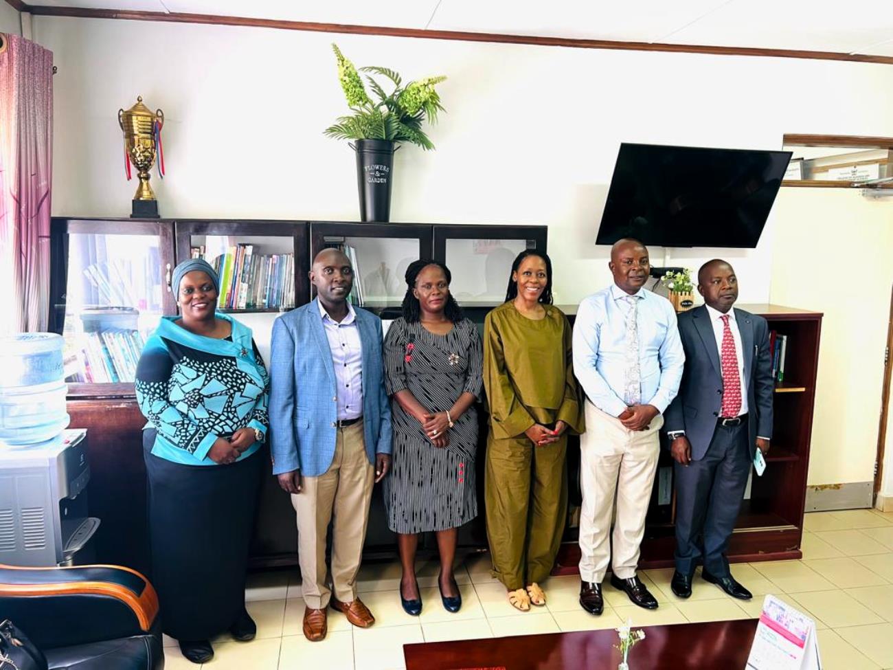 L-R: Dr. Zaina Nakabuye, Dr. Jude Mugarura, Dr. Agnes Sansa, Dr. Sizile Makola, Prof Edward Bbaale and Dr. Anthony Tibaingana at the 8th April 2026 meeting in the Office of the Principal. Principal of the College of Business and Management Sciences (CoBAMS), Prof. Edward Bbaale welcomes Dr. Sizile Makola, a Senior Lecturer in Human Resource Management from the University of South Africa (UNISA), to the College and Makerere University, Kampala Uganda, East Africa, 8th April 2026.