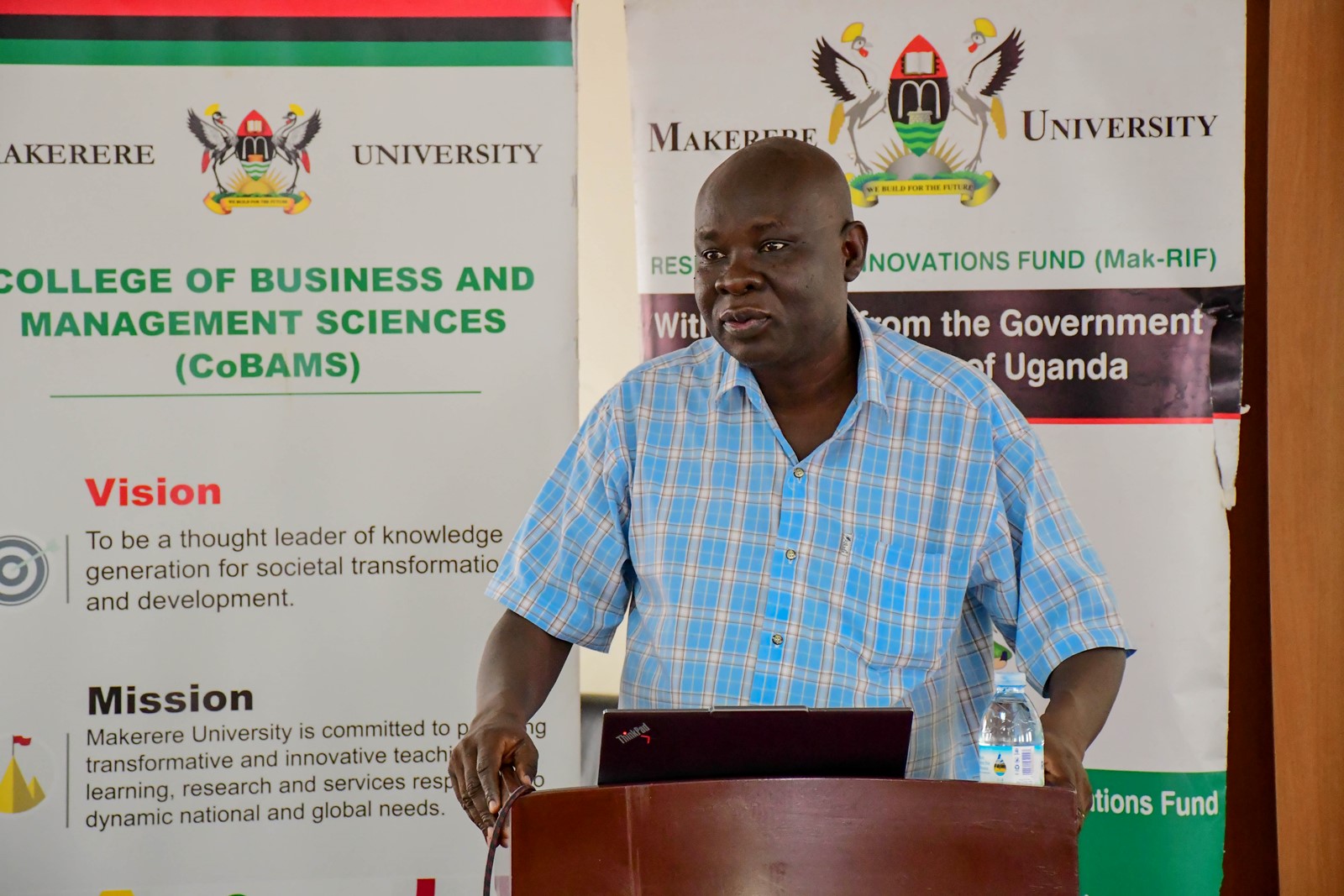 Associate Professor Godfrey Akileng, the Dean, School of Business. Promoting Eco-Efficiency (EE) and Cleaner Production (CP) for sustainable development of Micro, Small and Medium Enterprises (MSMEs) in Uganda Project dissemination workshop by School of Business, College of Business and Management Sciences (CoBAMS), 15th April 2026, Makerere University, Kampala Uganda, East Africa.