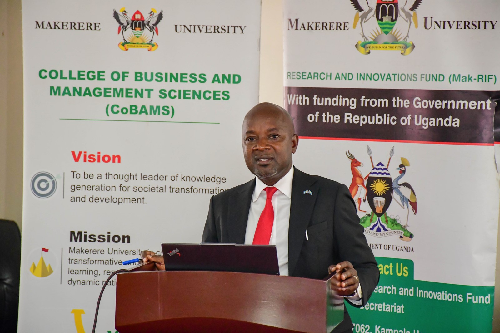Dr. Anthony Tibaingana delivers opening remarks at the workshop. Promoting Eco-Efficiency (EE) and Cleaner Production (CP) for sustainable development of Micro, Small and Medium Enterprises (MSMEs) in Uganda Project dissemination workshop by School of Business, College of Business and Management Sciences (CoBAMS), 15th April 2026, Makerere University, Kampala Uganda, East Africa.