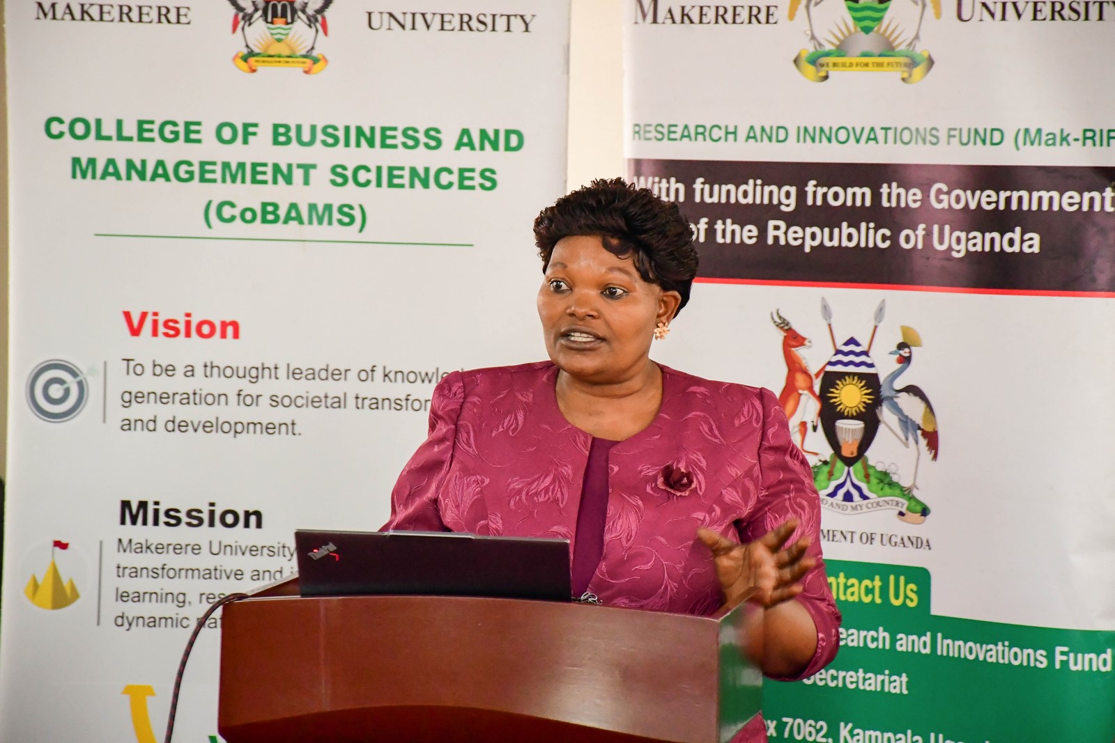 Dr. Marion Nanyanzi, the Principal Investigator (P.I.) presents the project findings during the workshop. Promoting Eco-Efficiency (EE) and Cleaner Production (CP) for sustainable development of Micro, Small and Medium Enterprises (MSMEs) in Uganda Project dissemination workshop by School of Business, College of Business and Management Sciences (CoBAMS), 15th April 2026, Makerere University, Kampala Uganda, East Africa.