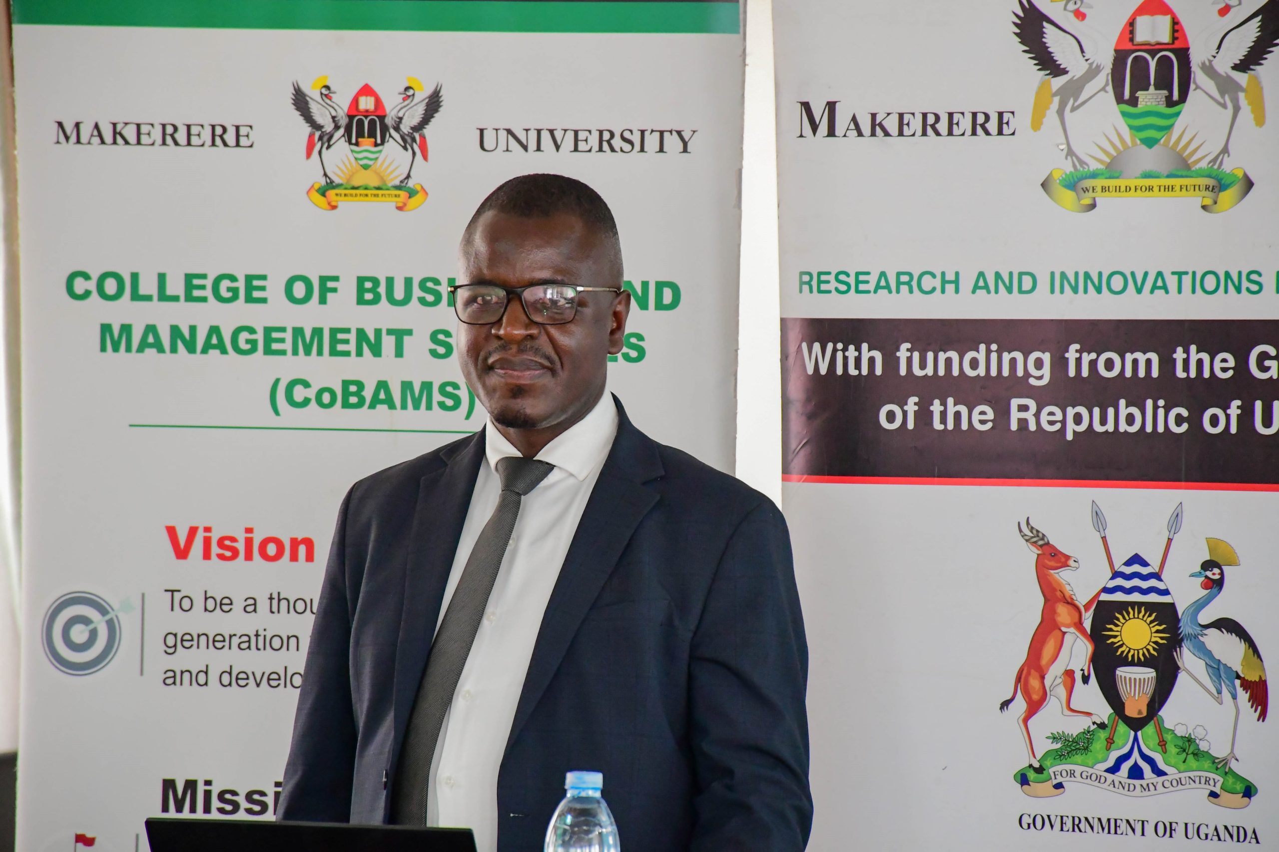 Mr. Patrick Ojiambo Lwande, Manager of Makerere University Guest House, shares highlights on its cleaner production strategy. Promoting Eco-Efficiency (EE) and Cleaner Production (CP) for sustainable development of Micro, Small and Medium Enterprises (MSMEs) in Uganda Project dissemination workshop by School of Business, College of Business and Management Sciences (CoBAMS), 15th April 2026, Makerere University, Kampala Uganda, East Africa.