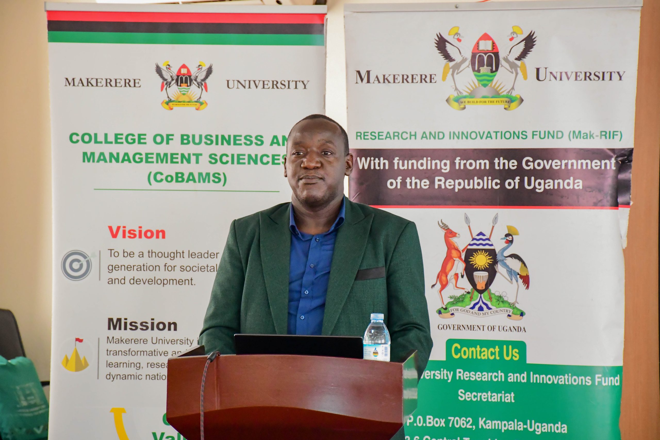 Mr. Peter Ssekajja, Senior Environmental Officer (Cleaner Production) from NEMA delivers his remarks during the workshop. Promoting Eco-Efficiency (EE) and Cleaner Production (CP) for sustainable development of Micro, Small and Medium Enterprises (MSMEs) in Uganda Project dissemination workshop by School of Business, College of Business and Management Sciences (CoBAMS), 15th April 2026, Makerere University, Kampala Uganda, East Africa.