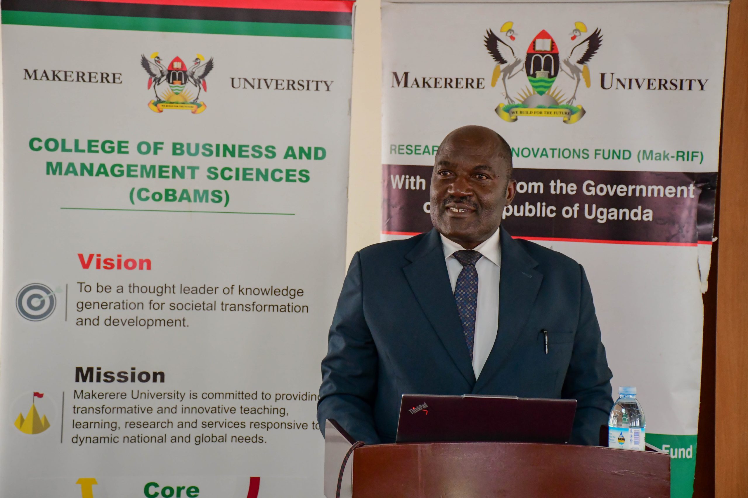 Professor Fred Masagazi Masaazi, Chairperson of Mak-RIF Grants Management Committee (GMC) addresses participants. Promoting Eco-Efficiency (EE) and Cleaner Production (CP) for sustainable development of Micro, Small and Medium Enterprises (MSMEs) in Uganda Project dissemination workshop by School of Business, College of Business and Management Sciences (CoBAMS), 15th April 2026, Makerere University, Kampala Uganda, East Africa.
