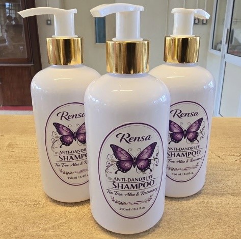 Rensa Anti-Dandruff Shampoo. Department of Plant Sciences, Microbiology, and Biotechnology (PMB), College of Natural Sciences (CoNAS), Dr. Alice Nabatanzi Biotechnology Class of 2026 Product Development Centre showcase of innovations from Nutrition & Food Technology, Clinical Hygiene, Natural Wellness, Advanced Cosmeceuticals, Home & Industrial Solutions, Agri-Tech, April 2026, Makerere University, Kampala Uganda, East Africa.