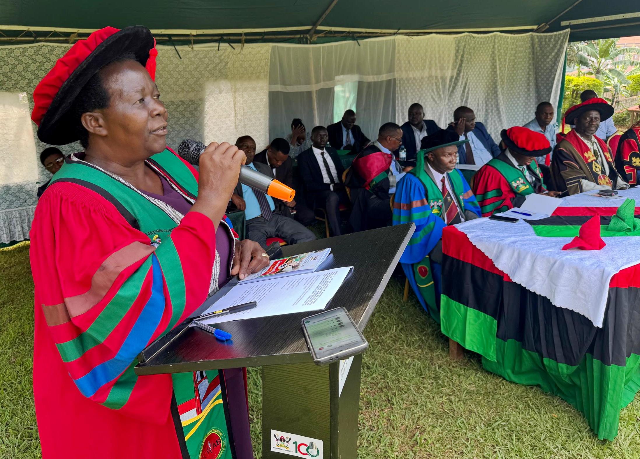 Chief Guest, Dr. Anna Rose Okurut Adeyemun delivers a compelling address on behalf of the Minister of State for Agriculture, Animal Industry and Fisheries, Hon. Bright Rwamirama on 31st March 2026. 100 graduates unveiled as job creators during the 6th certificate award ceremony of the College of Veterinary Medicine, Animal Resources and Biosecurity (COVAB) at Ruth Keesling Wildlife Health and Research Centre Gardens, 31st March 2026, Makerere University, Kampala Uganda, East Africa.