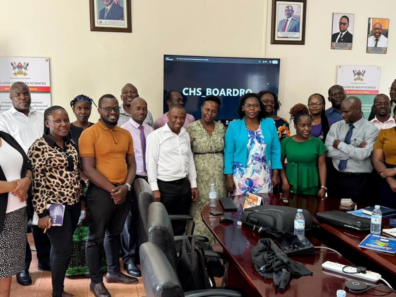 Participants pose for a group photo after the hands-on training in the Research Information Management System (RIMS) at the College of Health Sciences (CHS). Hands-on training in the Research Information Management System (RIMS) by the Directorate of Graduate Training (DGT) and Directorate for ICT Support (DICTS) for over 25 Heads of Departments and College Registrars from the School of Medicine, School of Biomedical Sciences, School of Health Sciences, School of Dentistry, and School of Public Health, 15th April 2026, College of Health Sciences, Mulago Campus, Makerere University, Kampala Uganda, East Africa.