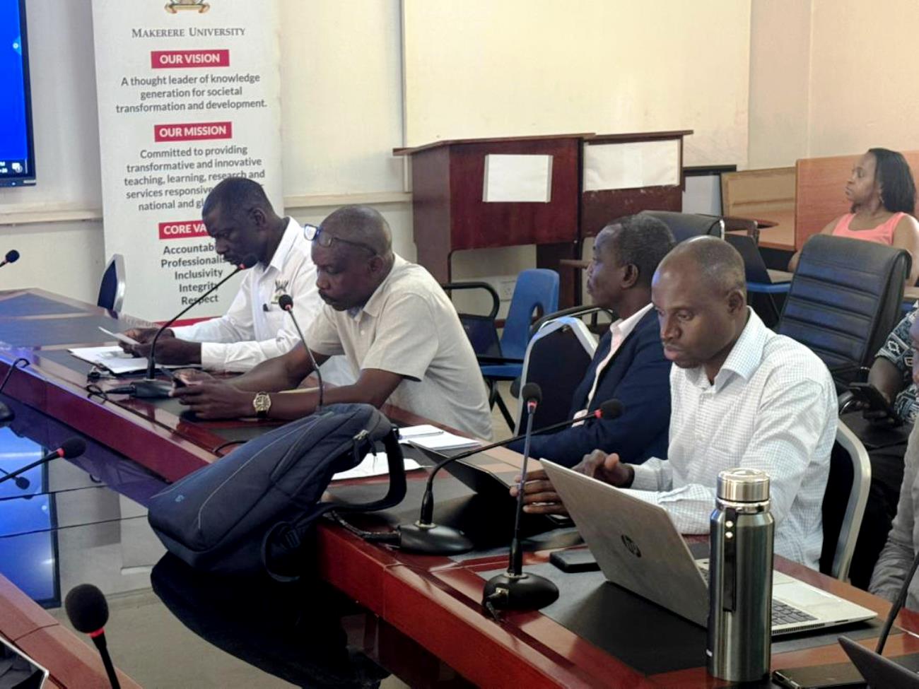 Some of the CHUSS Staff that attended the training with Prof. Julius Kikooma (L) during the training on 16th April 2026. Comprehensive Hands-on training in the Research Information Management System (RIMS) by the Directorate of Graduate Training (DGT) and Directorate for ICT Support (DICTS) for staff from School of Psychology, School of Social Sciences, School of Liberal and Performing Arts, and the School of Languages, Literature and Communication, 16th April 2026, College of Humanities and Social Sciences (CHUSS) Smart Room, Makerere University, Kampala Uganda, East Africa.