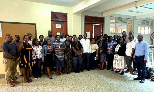 Participants pose for a group photo after the training on 10th April 2026. Intensive, hands-on training in the Research Information Management System (RIMS) by the Directorate of Graduate Training (DGT) and Directorate for ICT Support (DICTS) for College Registrars and Senior IT Technicians, 10th April 2026, Lecture Room 4.1 Computer Lab, Yusuf Lule Central Teaching Facility, Makerere University, Kampala Uganda, East Africa.