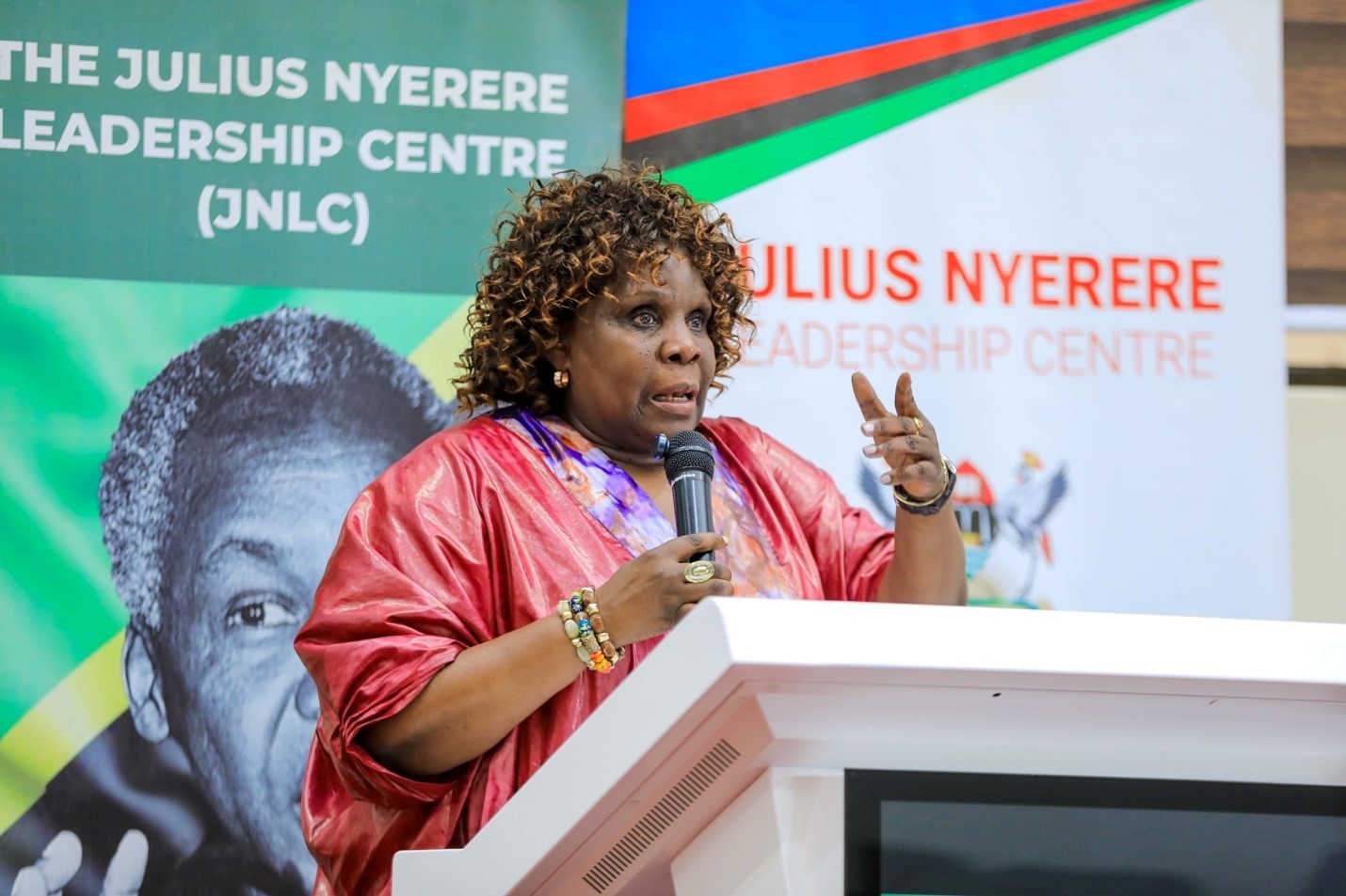 Dr. Nansozi K. Muwanga, Executive Director of the Julius Nyerere Leadership Centre giving her opening remarks. 2026 Julius Nyerere Leadership Lecture and Youth Conversations at Makerere University. Convened by the Julius Nyerere Leadership Centre (JNLC) in partnership with the Council for the Development of Social Science Research in Africa (CODESRIA), April 13, 2026, Kampala Uganda, East Africa.