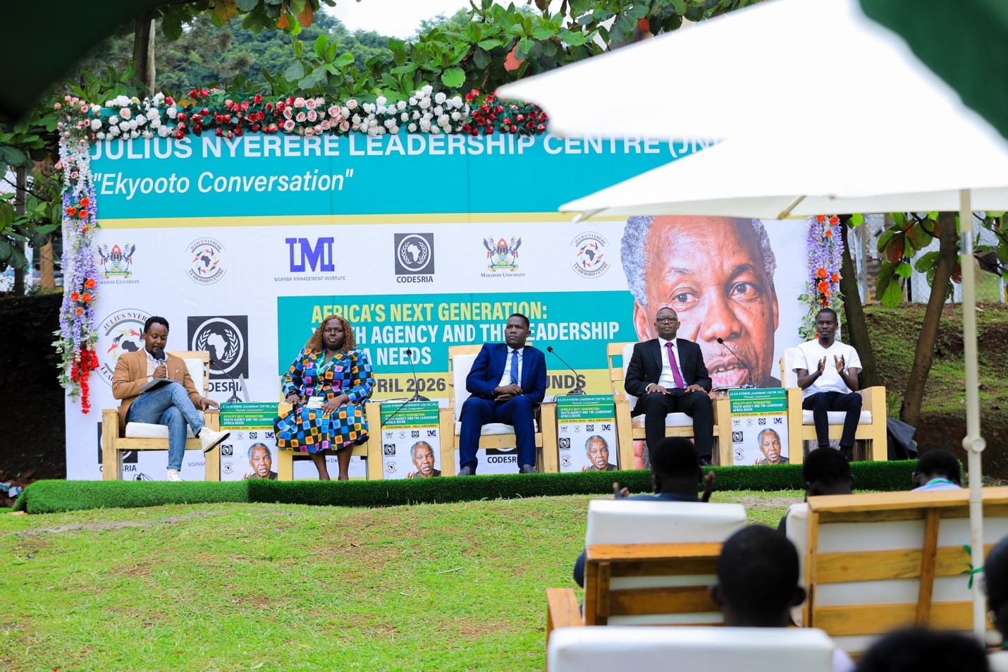 Group photo after the (Ekyooto) Cross-Generational Fireside Conversation on “Pan-Africanism: A Pathway to Africa’s Transformation?” with panelists. 2026 Julius Nyerere Leadership Lecture and Youth Conversations at Makerere University. Convened by the Julius Nyerere Leadership Centre (JNLC) in partnership with the Council for the Development of Social Science Research in Africa (CODESRIA), April 13, 2026, Kampala Uganda, East Africa.