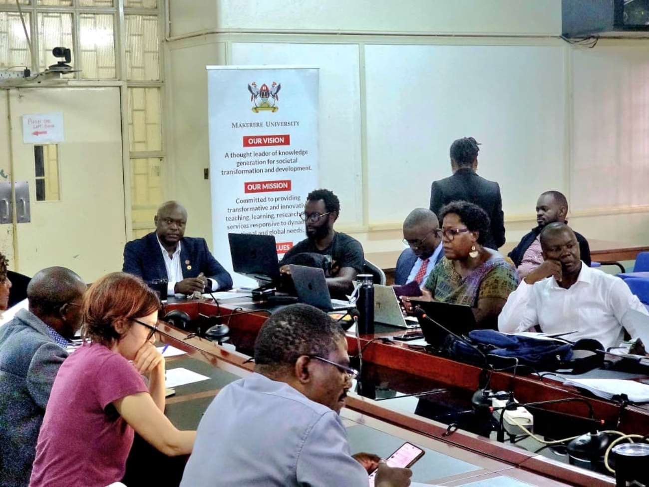 Participants included CHUSS Deputy Principal-Prof. Eric Awich Ochen (5th R) and CHUSS Fmr. Principal-Prof. Josephine Ahikire (2nd R). Journal Editors’ Workshop organized by Makerere University Press (Mak Press) to discuss publication standards, consistency in journal production, international indexing requirements, governance, and sustainability of academic journals, April 23, 2026, in the Smart Room, College of Humanities and Social Sciences (CHUSS), Kampala Uganda, East Africa.