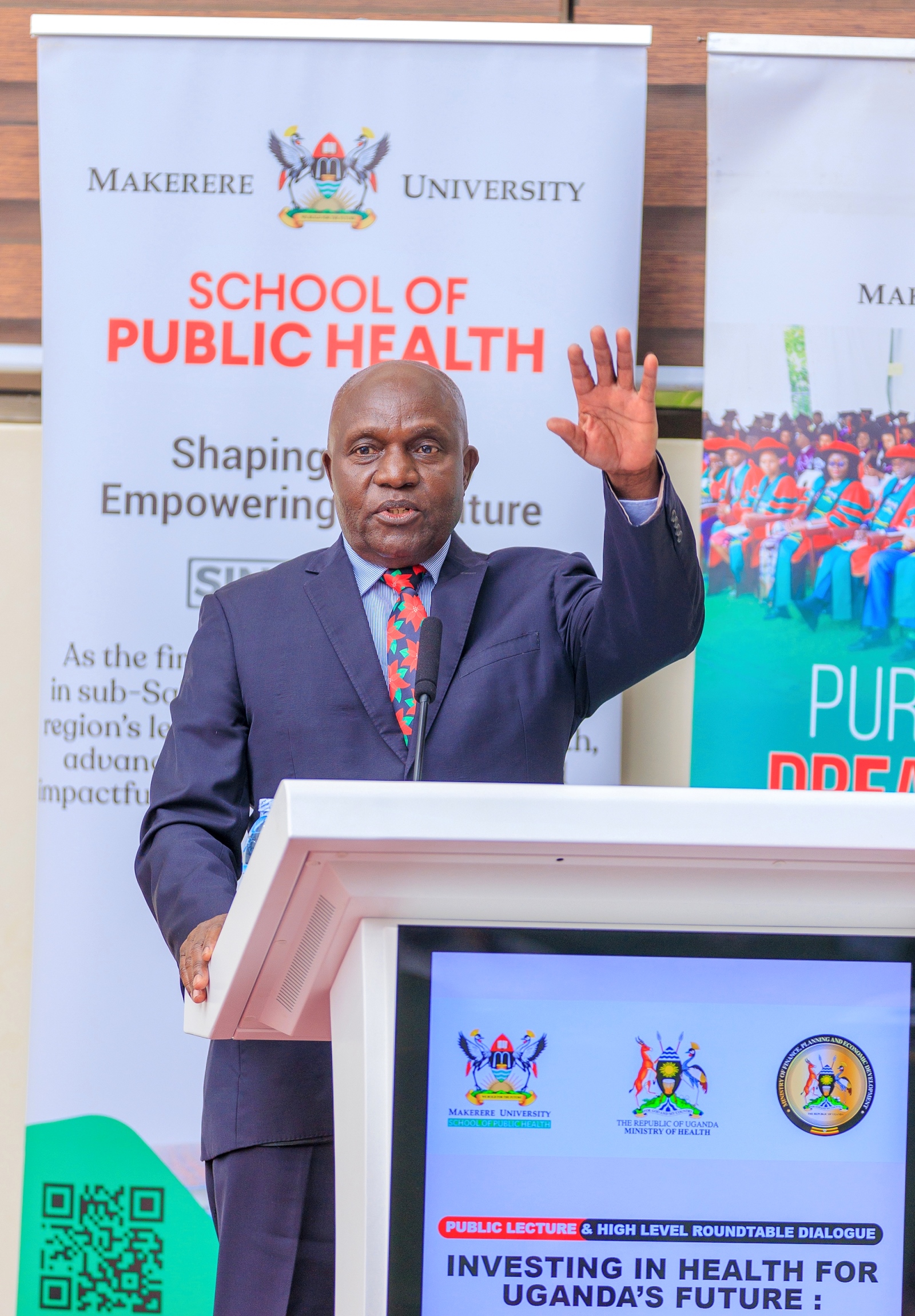 Mak Chancellor Hon. Dr. Crispus Kiyonga speaks during the public lecture on health financing for Uganda. Public lecture and high-level dialogue on health financing organised by Makerere University School of Public Health (MakSPH) in collaboration with the Ministry of Health and the Ministry of Finance, Planning, and Economic Development, Keynote: Dr. Ramathan Ggoobi, PSST, Theme “Investing in Health for Uganda’s Future: Delivering Vision 2040 through Smart and Sustainable Health Financing”, 9th April 2026, MakSPH Auditorium, Main Campus, Kampala Uganda, East Africa.