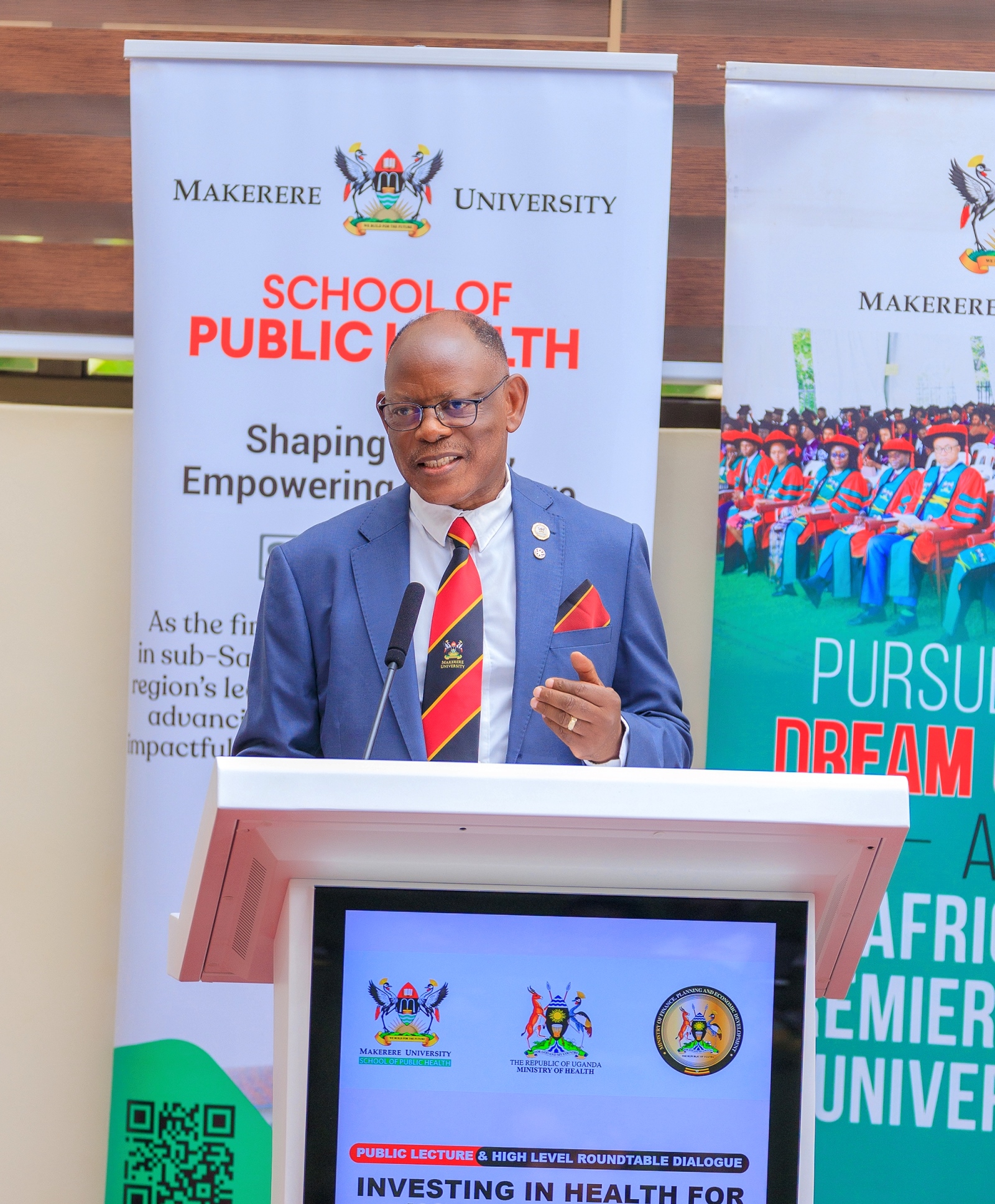 Makerere University Vice Chancellor, Professor Barnabas Nawangwe, speaking at the Public Lecture. Public lecture and high-level dialogue on health financing organised by Makerere University School of Public Health (MakSPH) in collaboration with the Ministry of Health and the Ministry of Finance, Planning, and Economic Development, Keynote: Dr. Ramathan Ggoobi, PSST, Theme “Investing in Health for Uganda’s Future: Delivering Vision 2040 through Smart and Sustainable Health Financing”, 9th April 2026, MakSPH Auditorium, Main Campus, Kampala Uganda, East Africa.